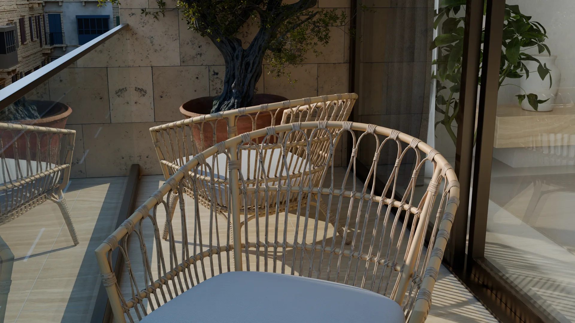 Wicker lounge chairs on the balcony