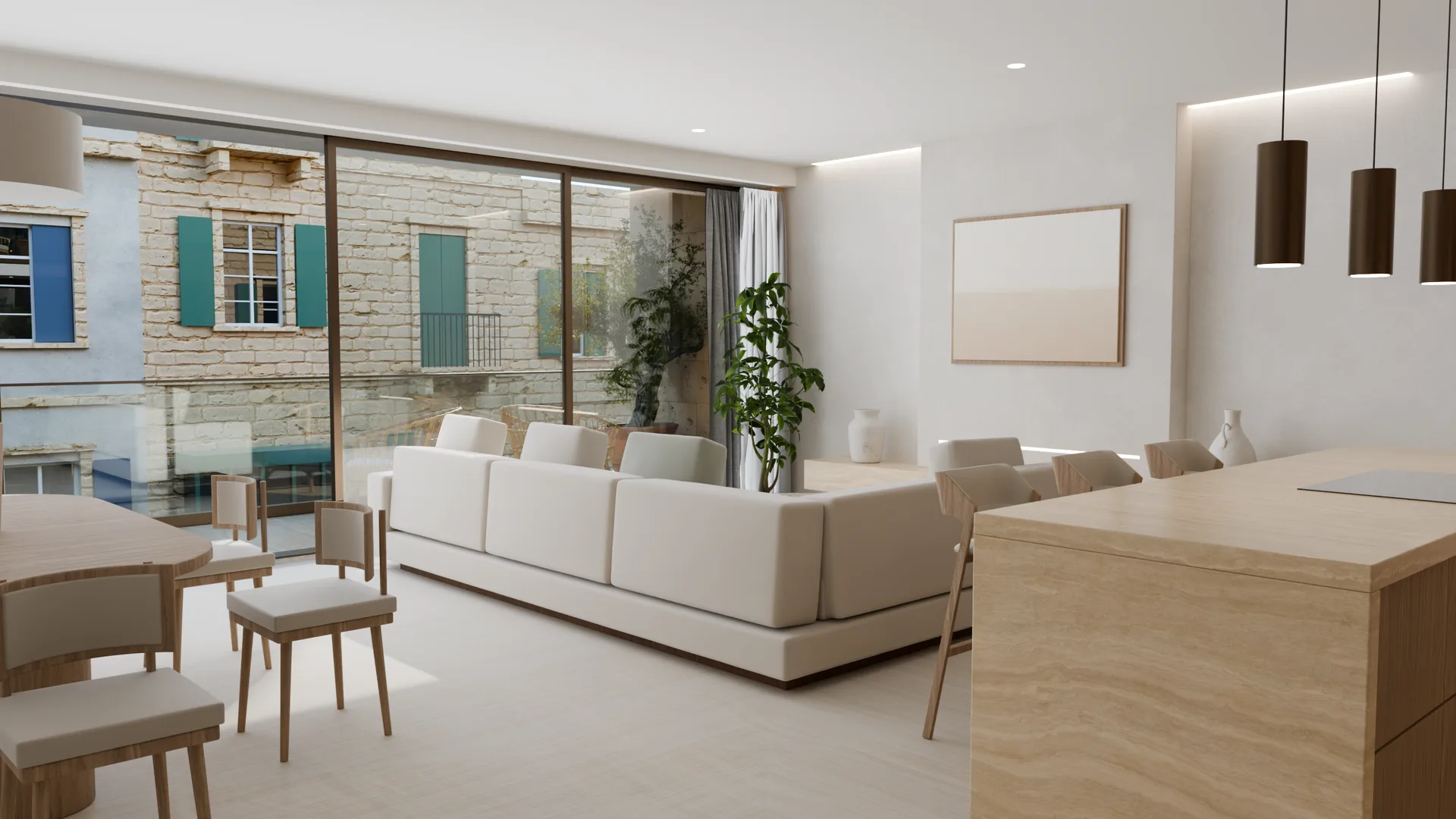 Open-plan living room from the kitchen